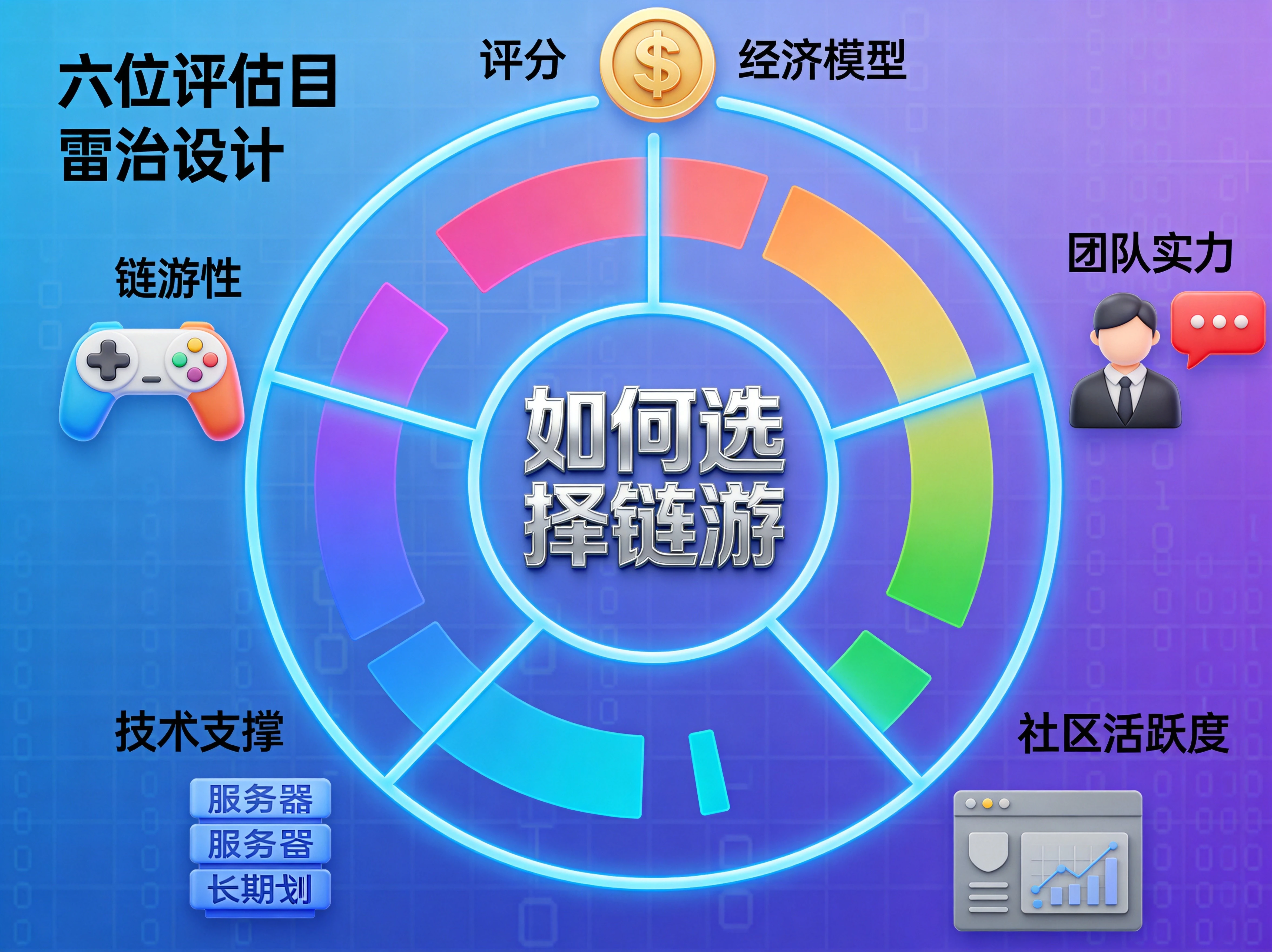 链游项目六维评估雷达图设计，六个维度分别为：游戏性、经济模型、团队实力、社区活跃度、技术支撑、长期规划，每个维度有彩色评分条和对应图标，中心有"如何选择链游"标题