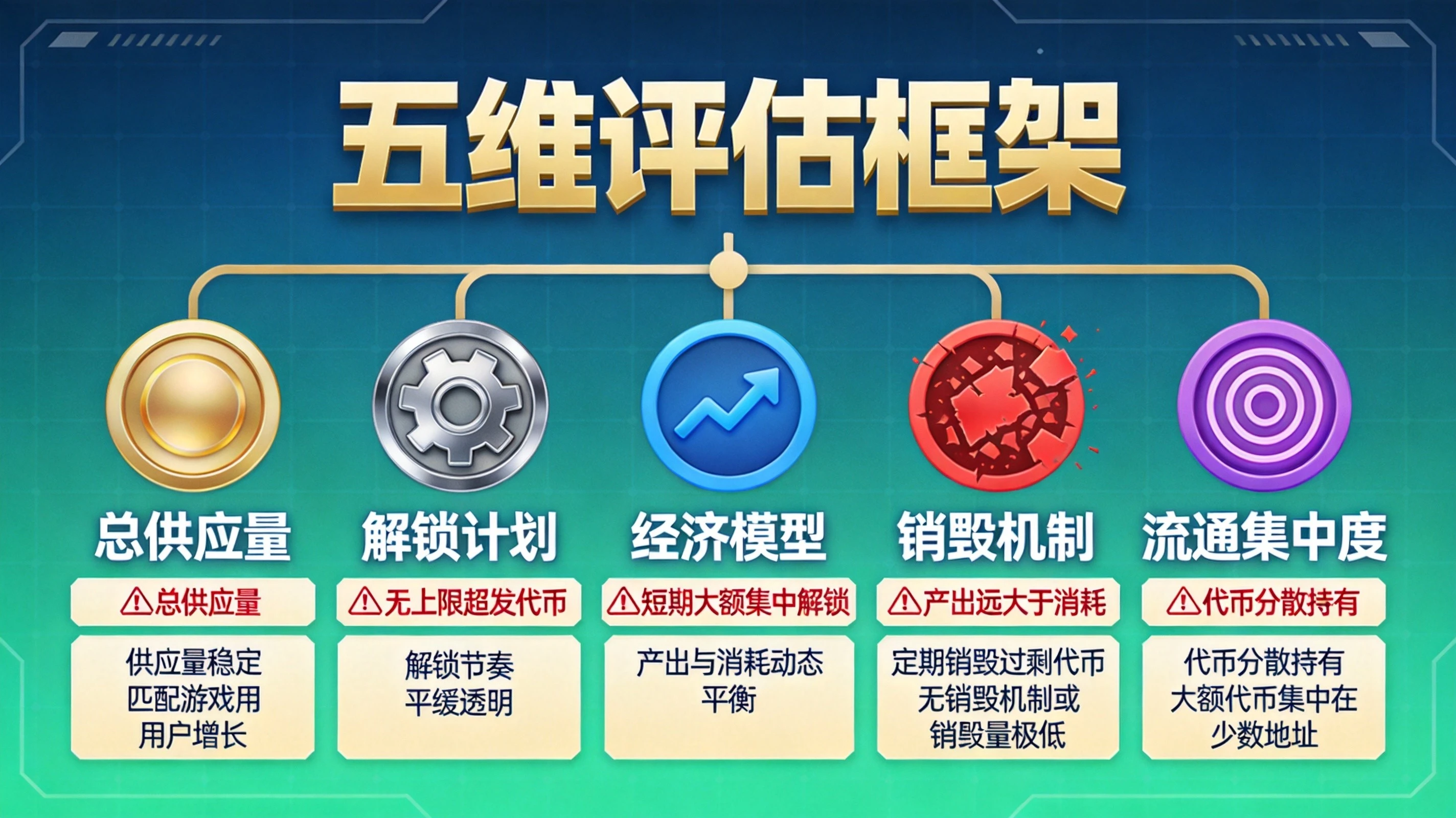 蓝绿色科技风格链游通胀五维评估框架图，分支展示总供应量、解锁计划、经济模型等五个维度的健康与危险信号
