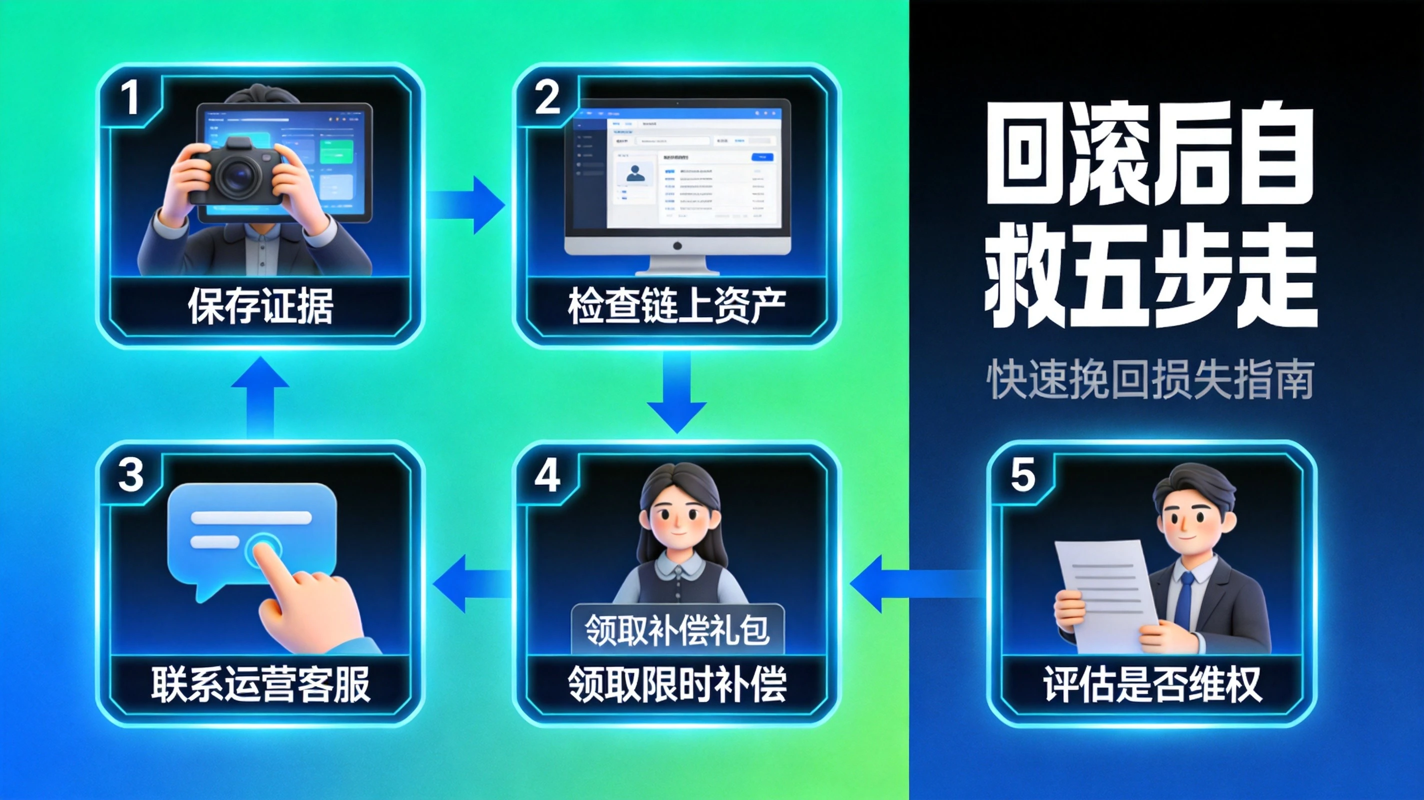 蓝绿色科技风格链游回滚自救步骤流程图，展示保存证据、检查链上资产、联系客服等五步操作流程