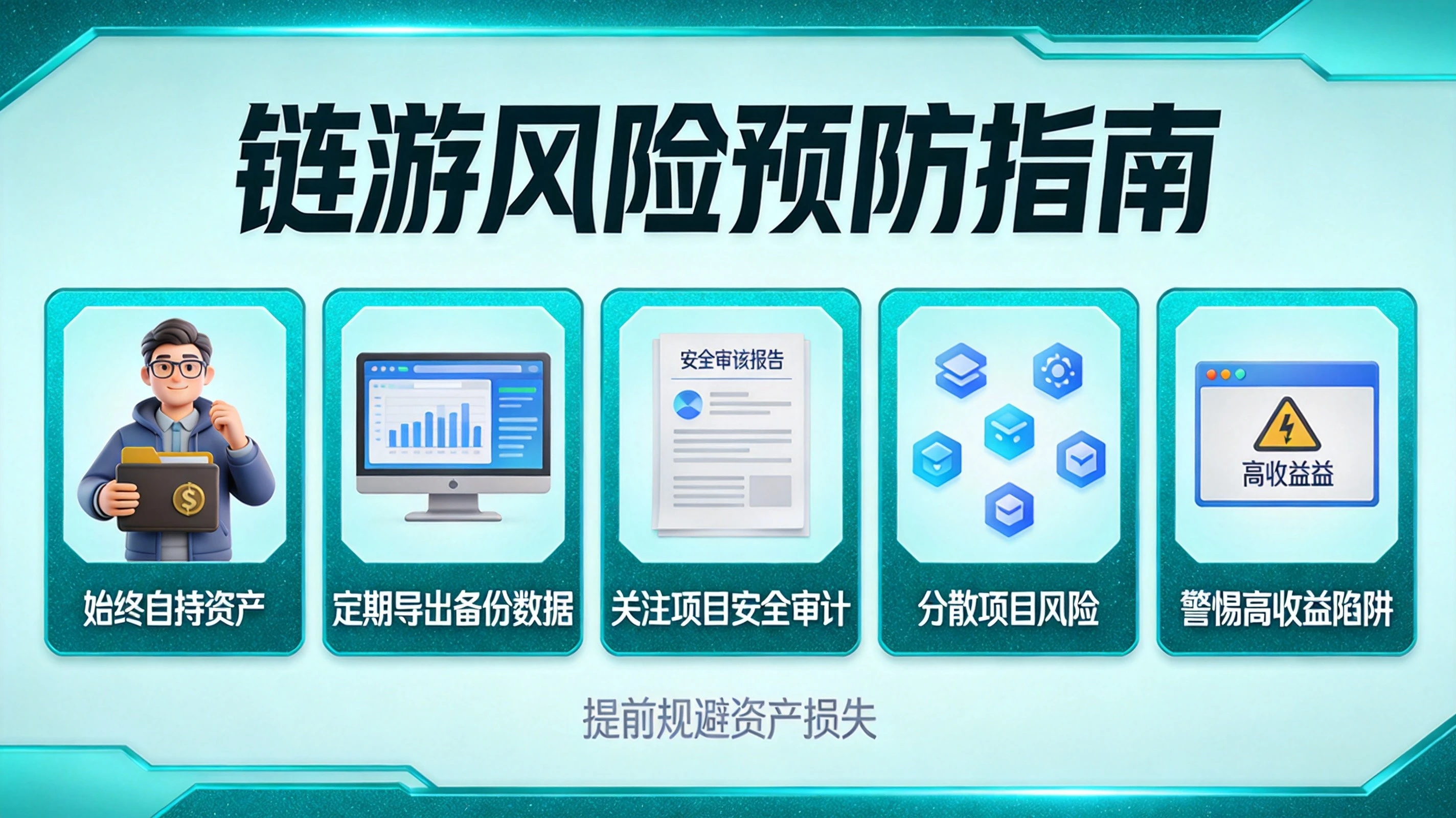 蓝绿色科技风格链游回滚风险预防指南图，卡片形式展示自持资产、定期备份、关注审计等五个预防要点